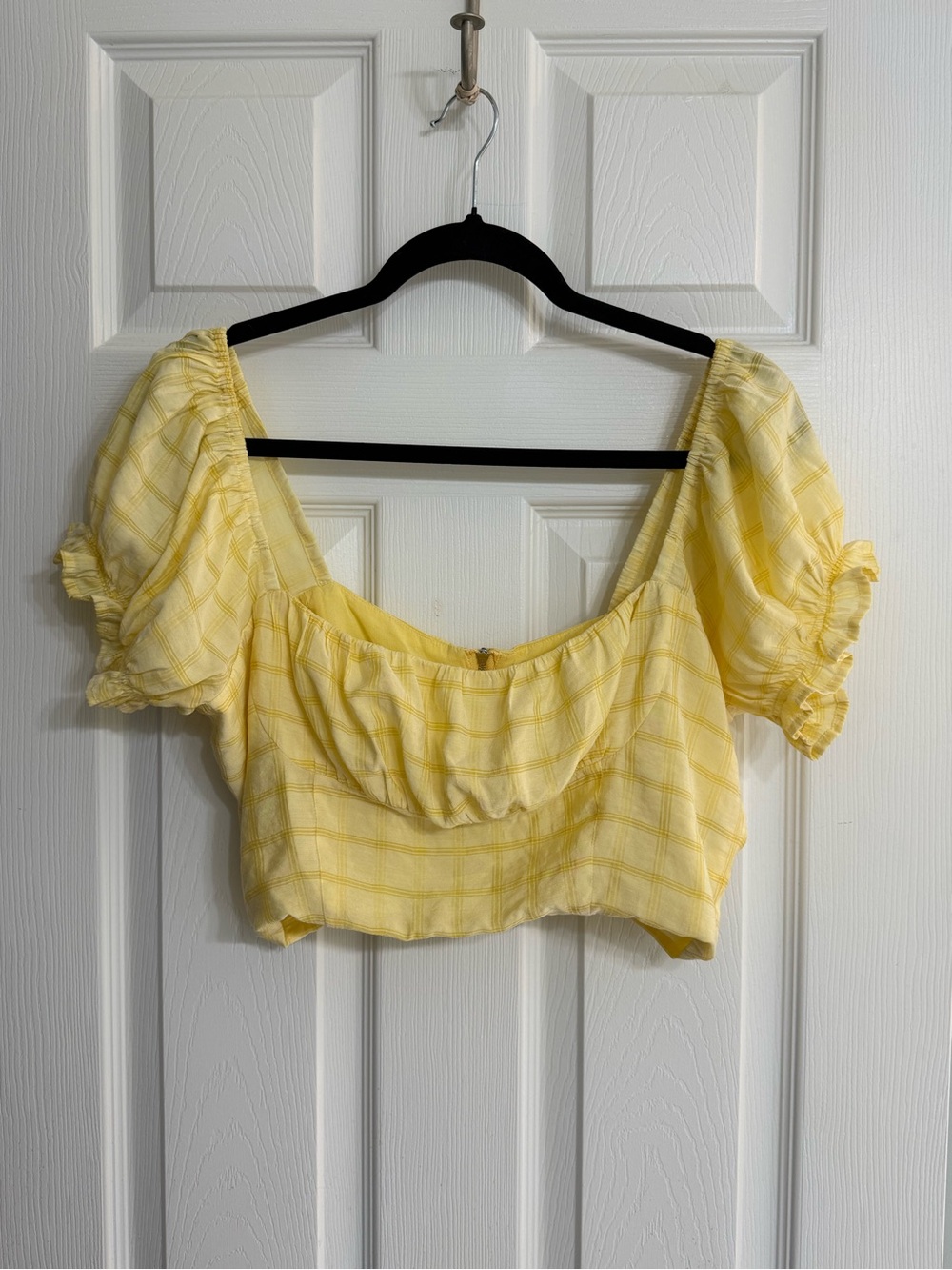 Capulet Yellow Plaid Puff Sleeve Cropped Top L XL 12 14